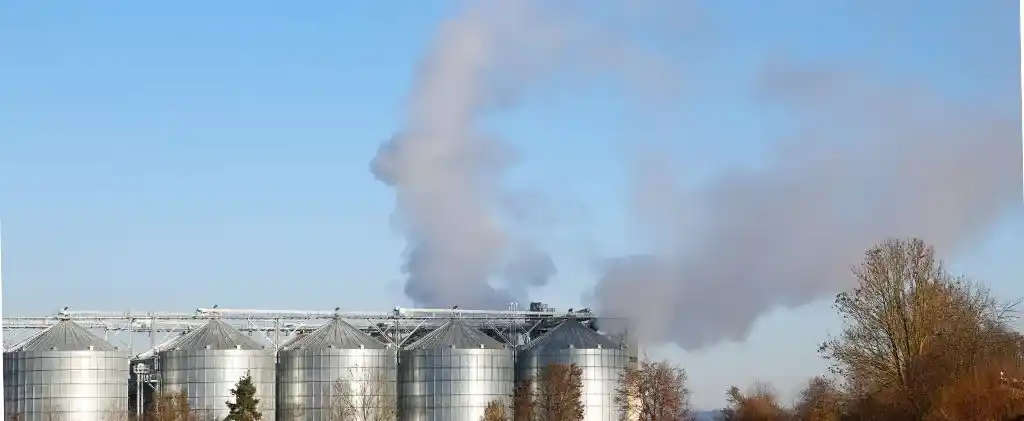 Plusieurs grands silos métalliques avec de la fumée ou de la vapeur s'élevant derrière eux sous un ciel bleu clair, entourés d'arbres - une scène industrielle reflétant l'impact de la hausse des prix sur la production.