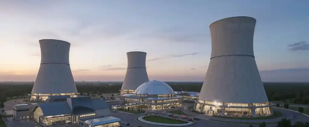 Un complexe de centrales nucléaires comprenant trois grandes tours de refroidissement et plusieurs bâtiments modernes au coucher du soleil, ressemblant à l'échelle impressionnante de VNU Arenh.