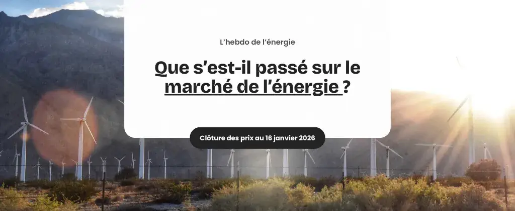 Des éoliennes se dressent dans un champ avec des montagnes en arrière-plan ; le texte en français couvre l'actualité du marché de l'énergie et évoque la clôture des prix le 16 janvier 2026.