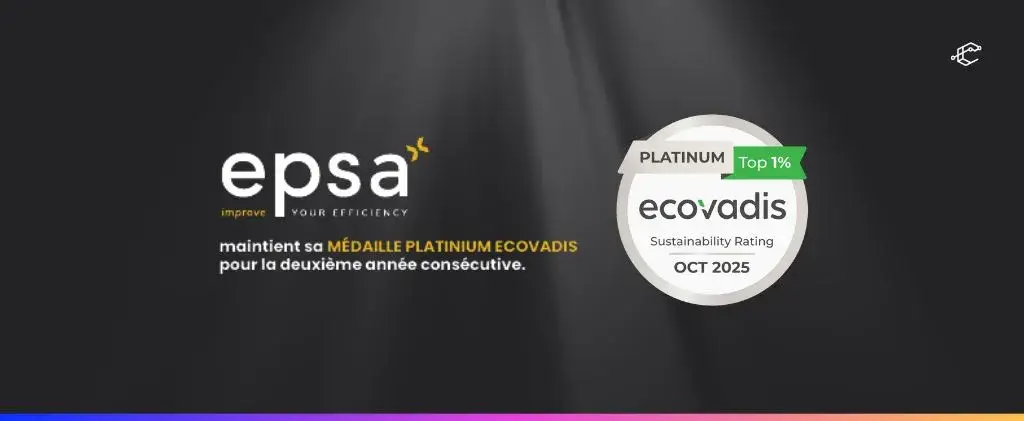 Logo de l'EPSA avec texte indiquant qu'elle a conservé sa médaille de platine EcoVadis pour la deuxième année consécutive, ainsi qu'un badge d'évaluation de la durabilité Platinum EcoVadis d'octobre 2025 et la mention d'epsa adresse paris.
