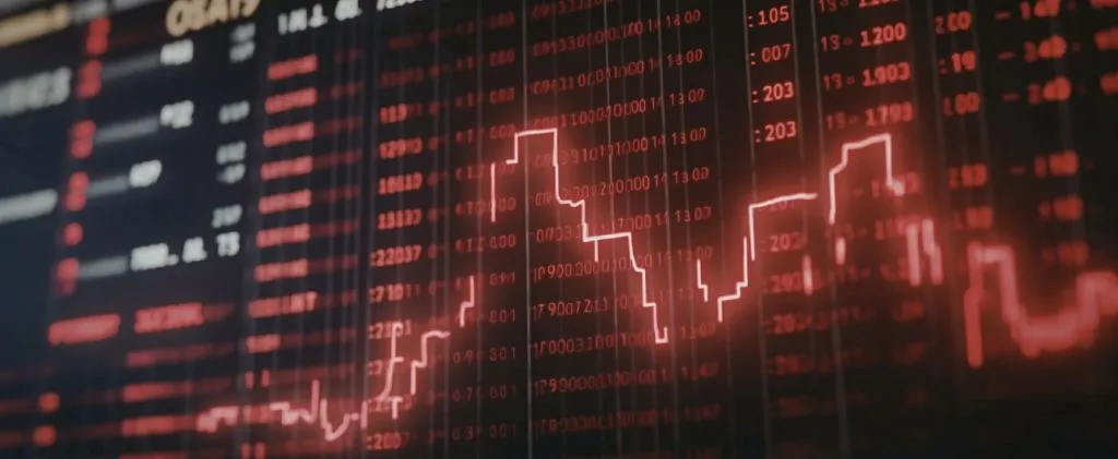 Un écran numérique affiche en rouge des données financières, des chiffres et un graphique linéaire, indiquant une baisse des performances de l'action ou du marché - une image souvent observée lors de l'analyse des tendances de contango et de backwardation sur les marchés à terme.