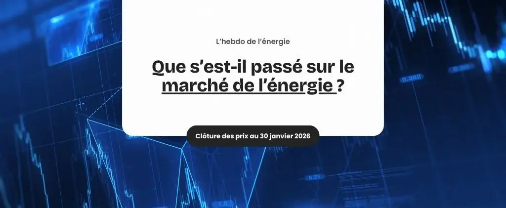 Un graphique en français explore l'actualité du marché de l'énergie, avec une date de clôture des prix du 30 janvier 2026, sur un fond graphique financier bleu.