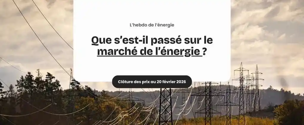 Des lignes électriques s'étendent dans un paysage rural sous un ciel nuageux. Un texte en français superposé souligne l'actualité marché énergie, avec une date de clôture des prix fixée à février 2026.