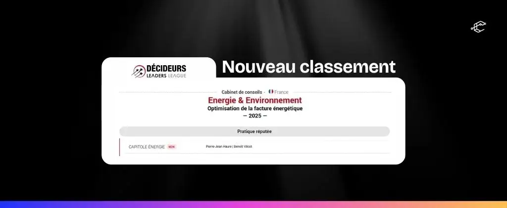 Une capture d'écran d'une page web annonce un nouveau classement Décideurs Magazine pour les sociétés de conseil en énergie et en environnement en France, avec la mention "Pratique réputée".