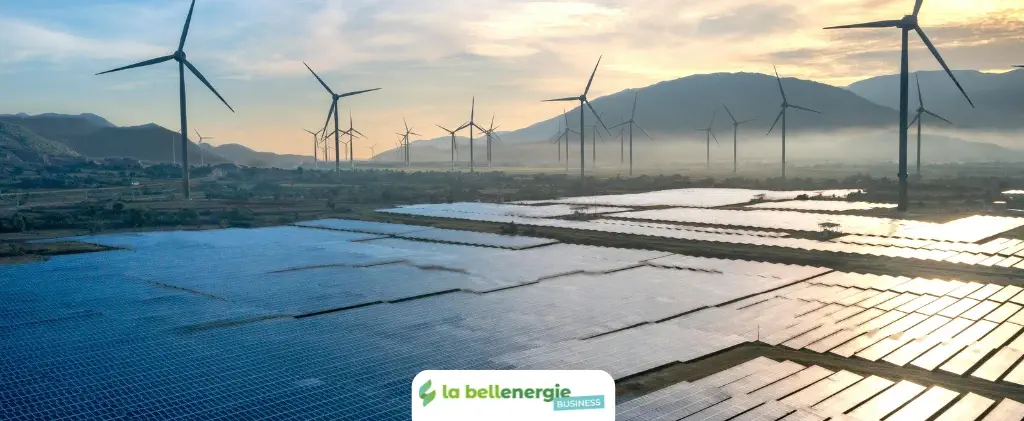 Un grand champ de panneaux solaires et d'éoliennes dans un paysage rural au coucher du soleil, avec des collines en arrière-plan et un logo "la bellenergie BUSINESS" et "mint energie" en bas.