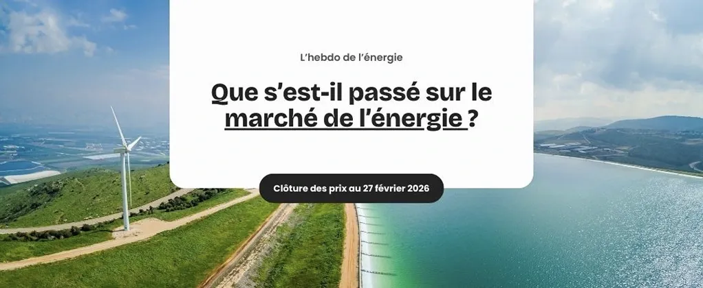 Vue aérienne d'une éolienne près d'un plan d'eau, avec un texte en français sur l'actualité marché énergie et clôture des prix au 27 février 2023.